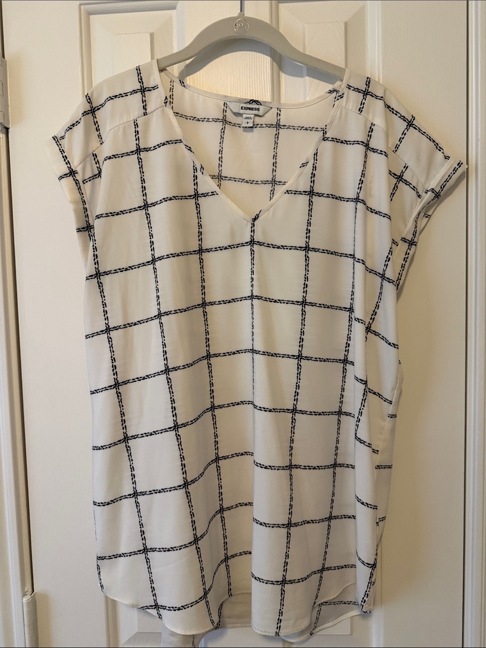 Express White Windowpane V-Neck Top with Black Grid